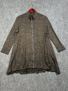 Sun Kim Sweater Womens Small Cardigan Full Zip Brown Black Stretch Pockets Swing